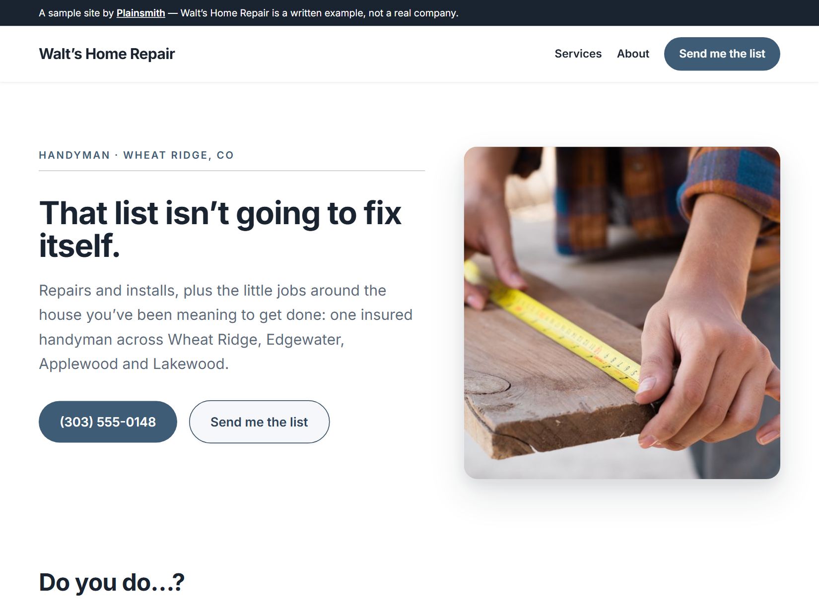 The Walt’s Home Repair sample website at desktop width, a work photo beside its introduction