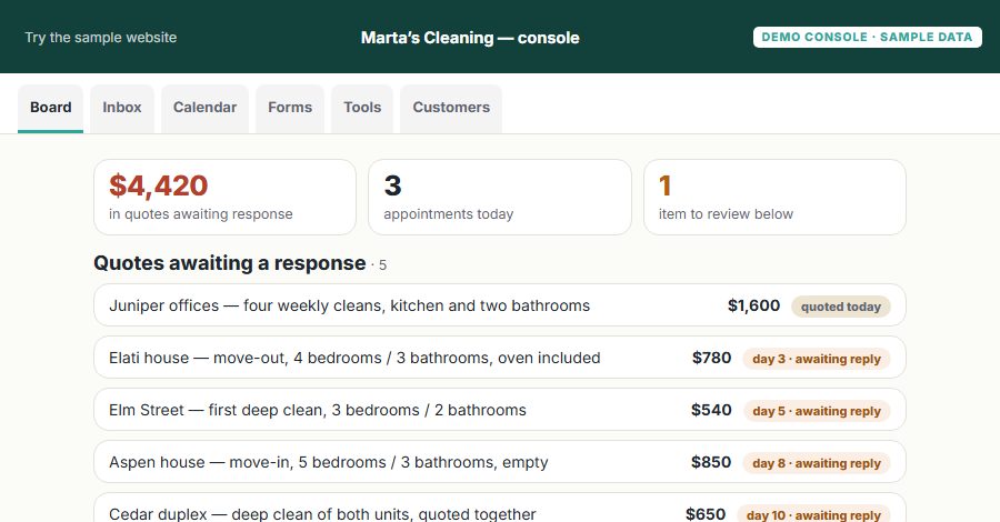 The Marta’s Cleaning Co. sample Console, on the Board