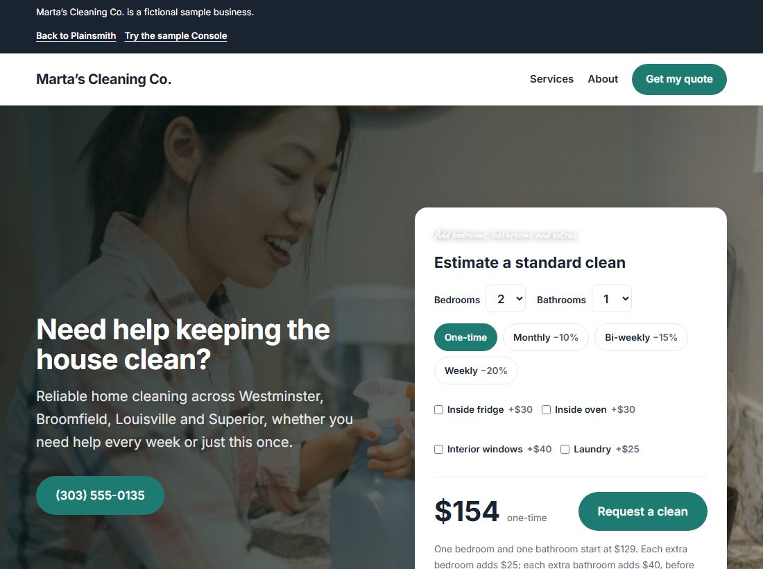 Marta’s Cleaning Co., the sample website, on a desktop