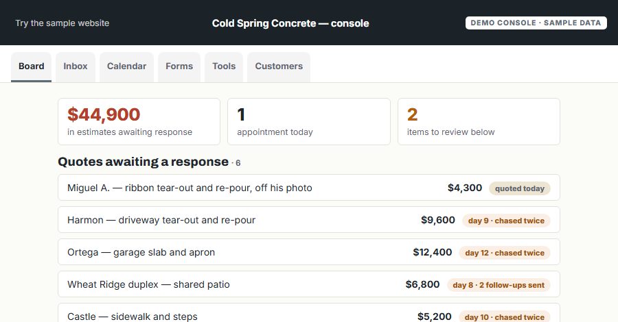 The Cold Spring Concrete sample Console, on the Board