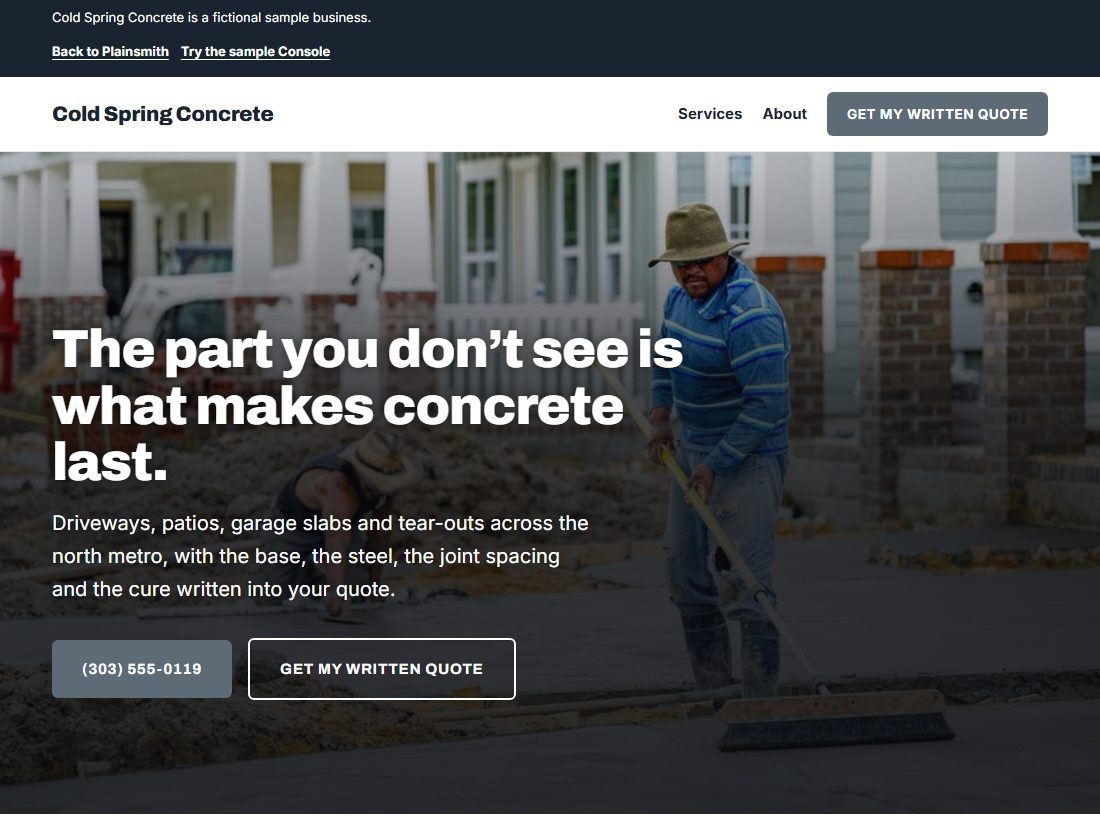 Cold Spring Concrete, the sample website, on a desktop