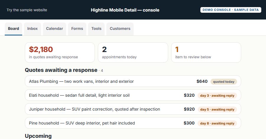 The Highline Mobile Detail sample Console, on the Board