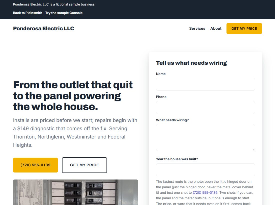 Ponderosa Electric LLC, the sample website, on a desktop