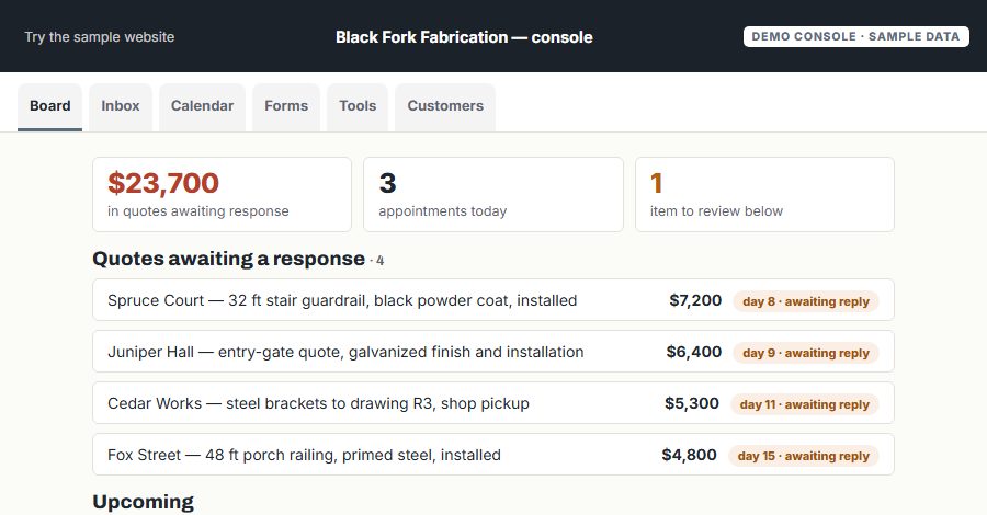The Black Fork Fabrication sample Console, on the Board