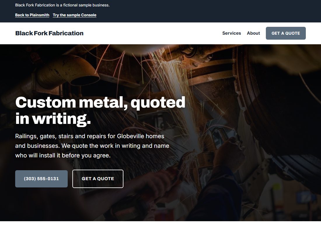 Black Fork Fabrication, the sample website, on a desktop