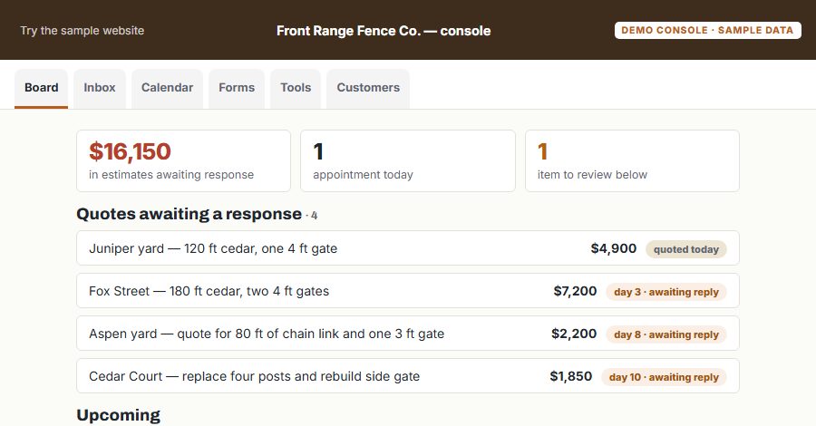 The Front Range Fence Co. sample Console, on the Board
