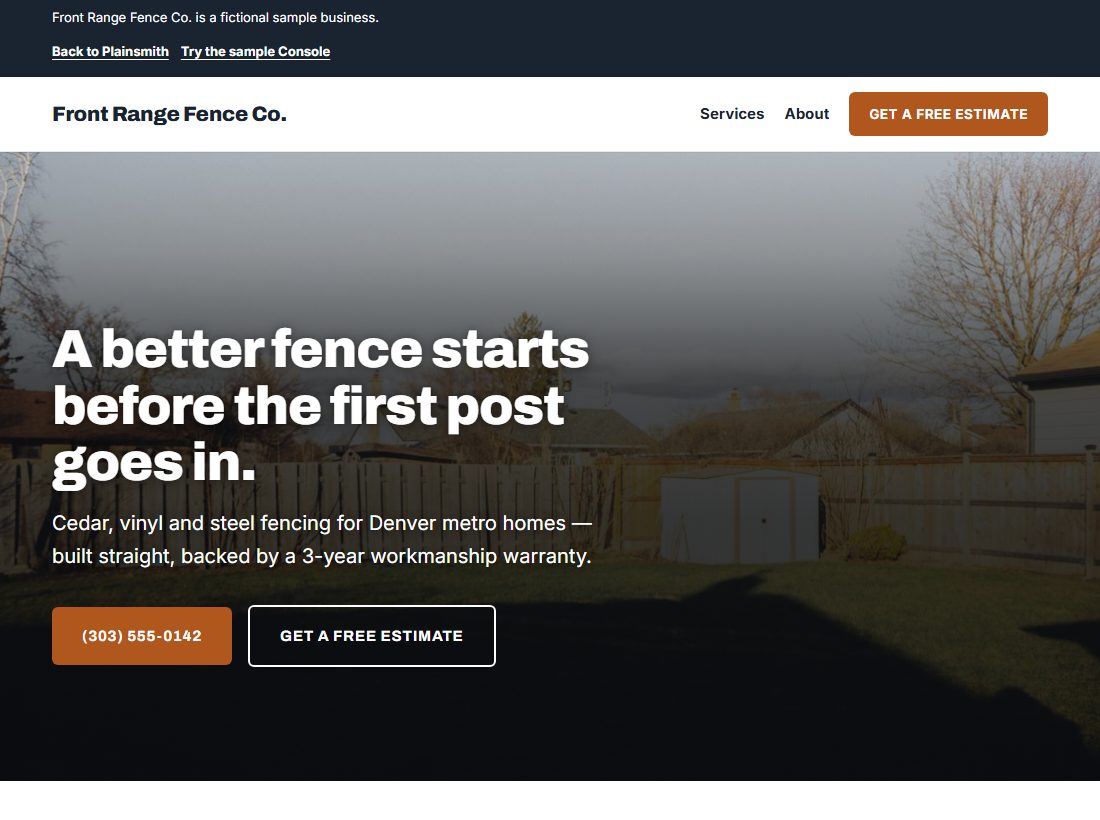 Front Range Fence Co., the sample website, on a desktop