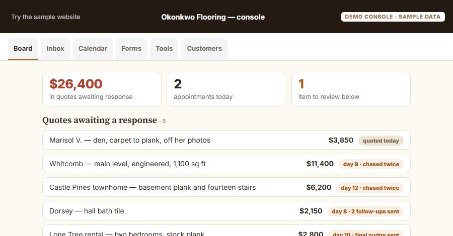 The Okonkwo Flooring sample Console, on the Board