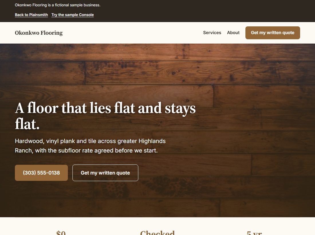 Okonkwo Flooring, the sample website, on a desktop