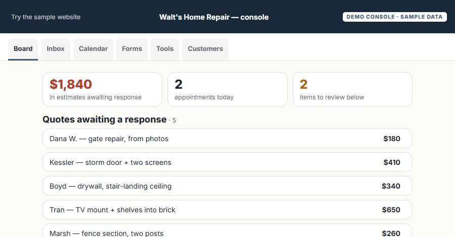 The Walt’s Home Repair sample Console, on the Board