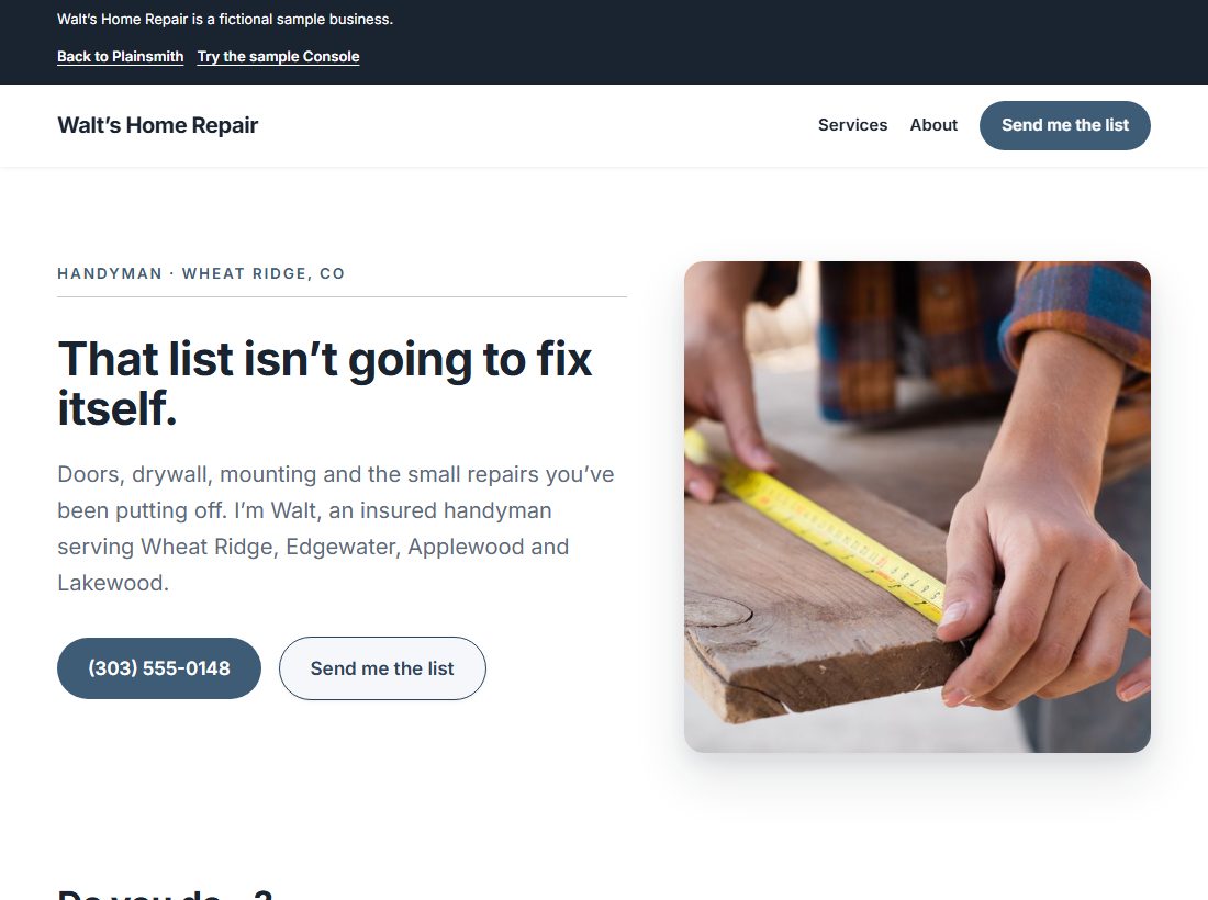 Walt’s Home Repair sample website: its headline and opening lines beside a photo of a tape measure laid across a board