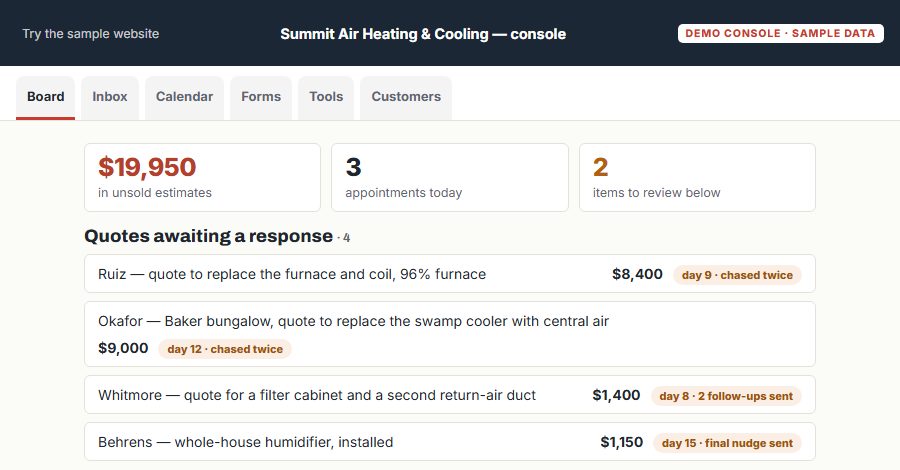 The Summit Air Heating & Cooling sample Console, on the Board