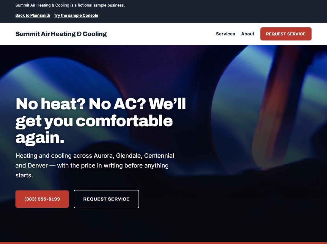 Summit Air Heating & Cooling, the sample website, on a desktop