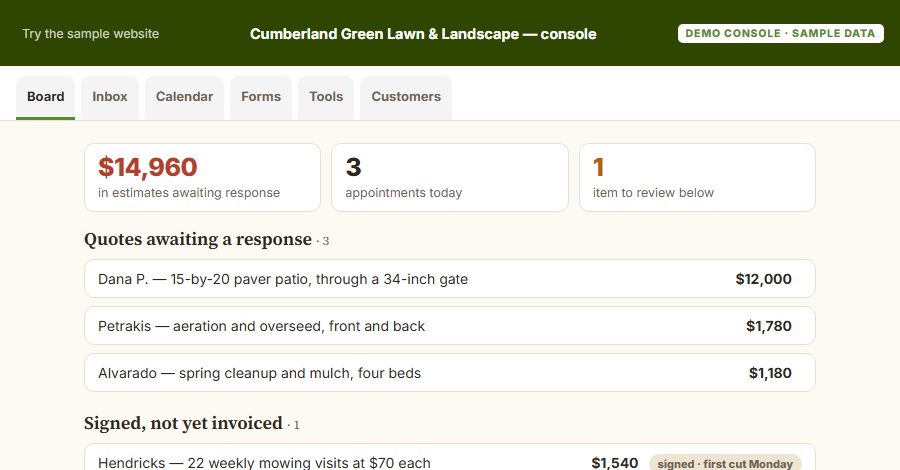 The Cumberland Green Lawn & Landscape sample Console, on the Board