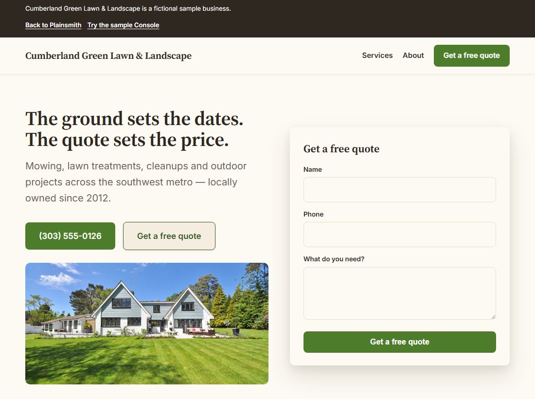 Cumberland Green Lawn & Landscape, the sample website, on a desktop