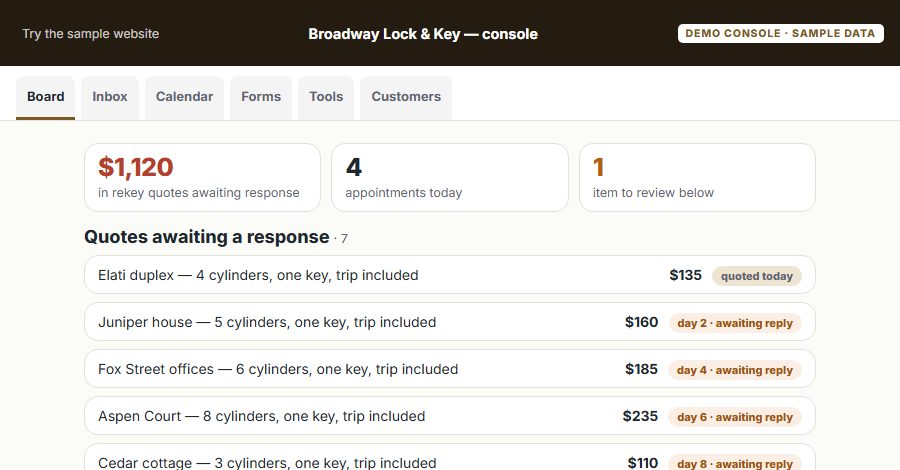 The Broadway Lock & Key sample Console, on the Board