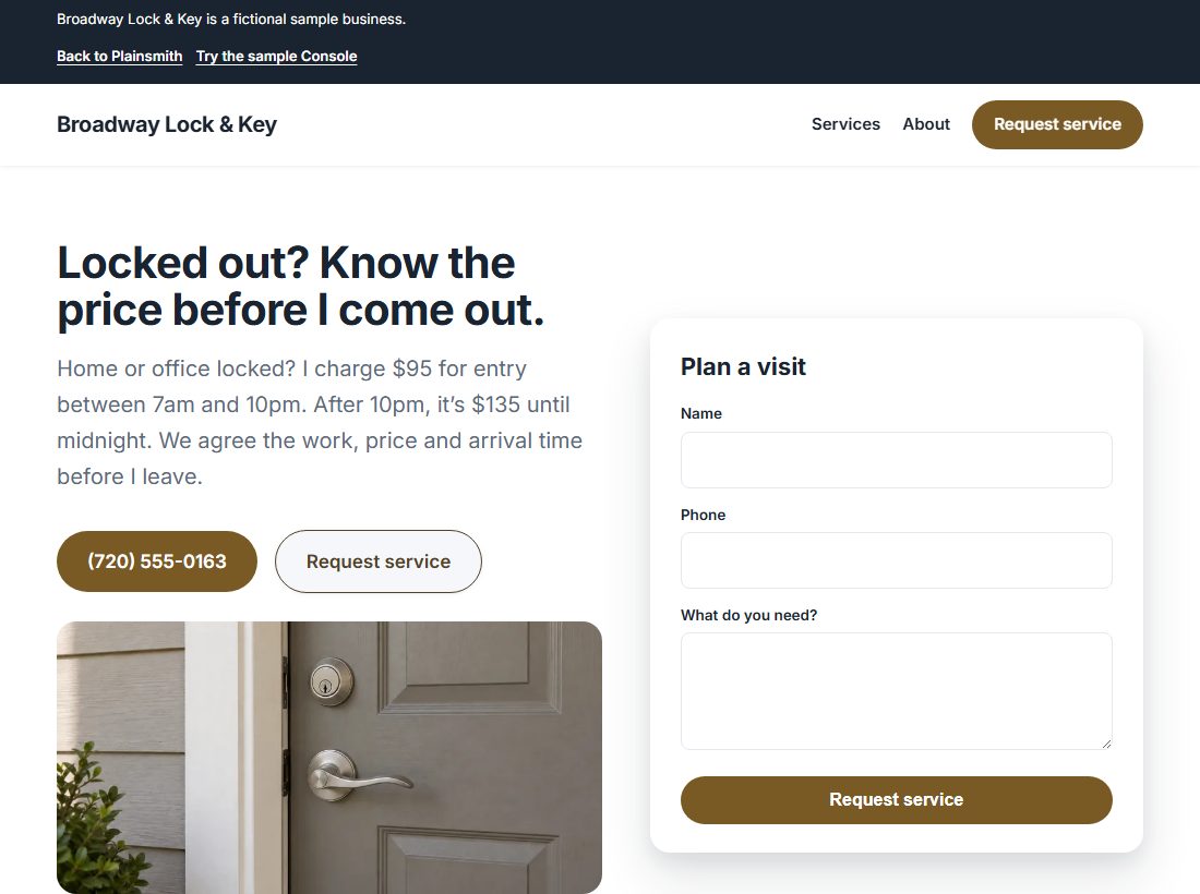 Broadway Lock & Key, the sample website, on a desktop