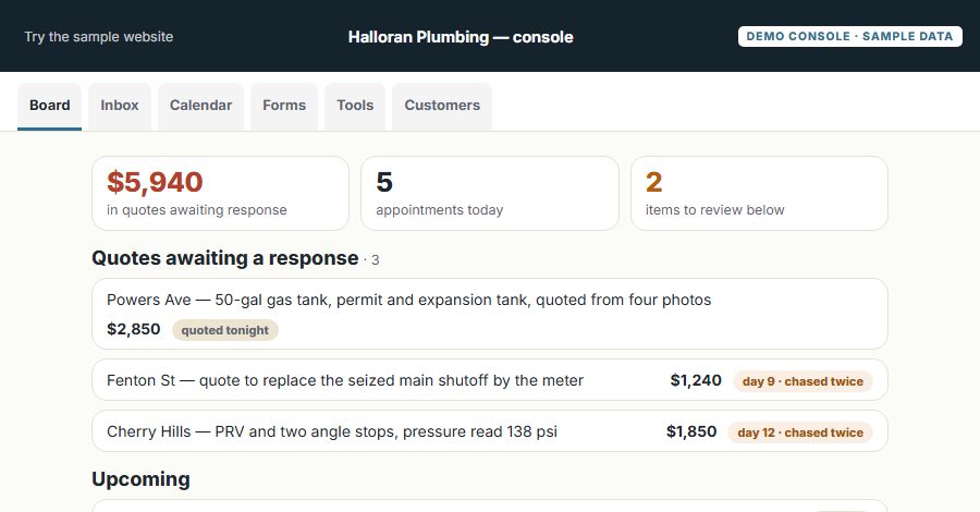 The Halloran Plumbing sample Console, on the Board