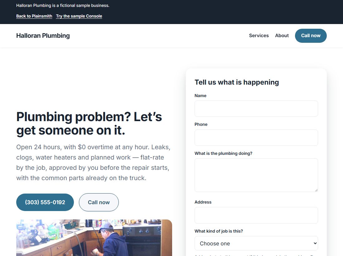 Halloran Plumbing, the sample website, on a desktop