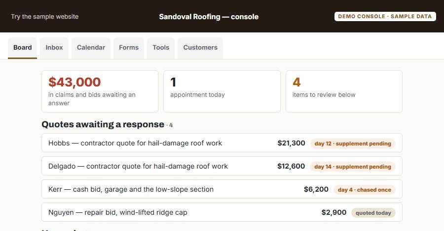 The Sandoval Roofing sample Console, on the Board