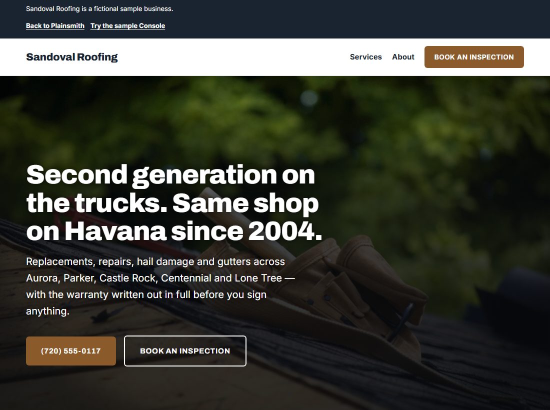 Sandoval Roofing, the sample website, on a desktop