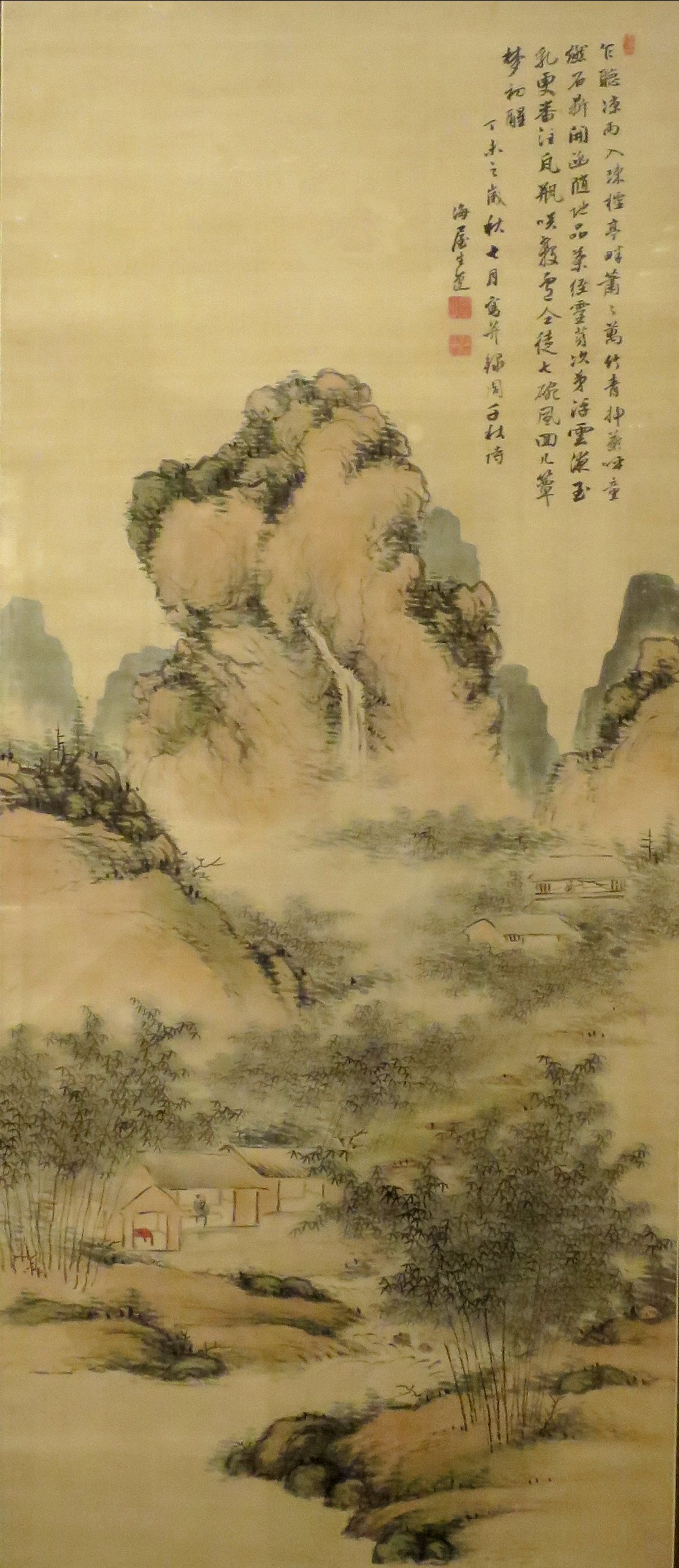 Landscape with a Bamboo Grove — sumi ink and light color on washi, tall hanging scroll
