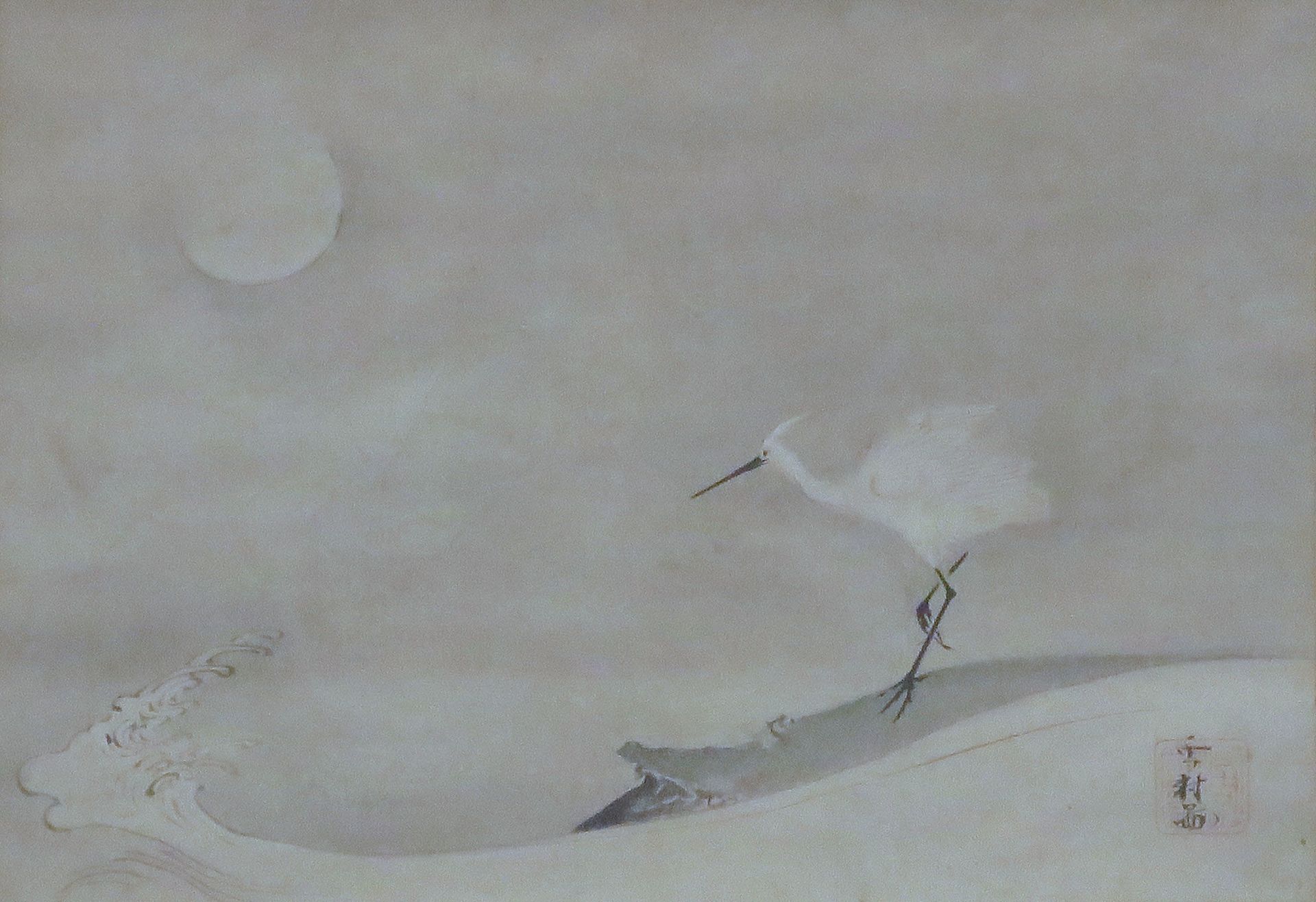 Egret in Moonlight — sumi ink on washi