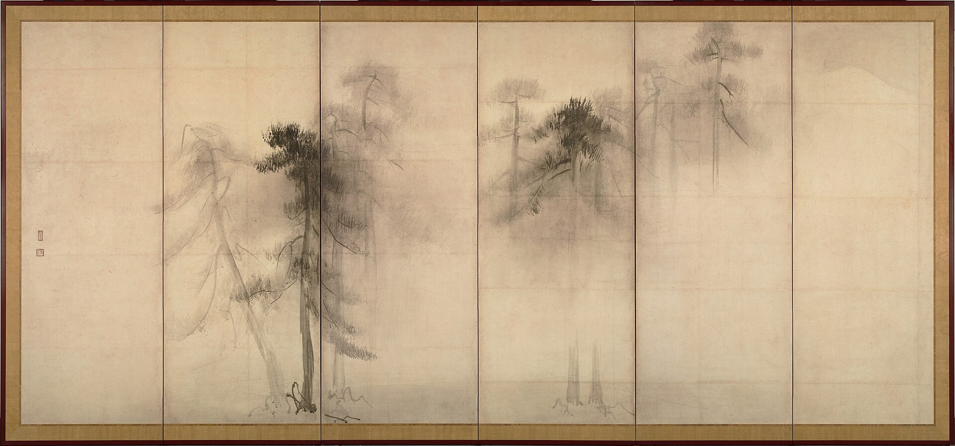 Pines in Morning Fog — sumi ink on washi, six-panel screen