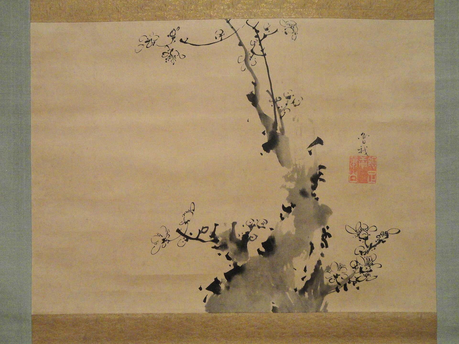 Plum Branch, First Bloom — sumi ink and light color on washi