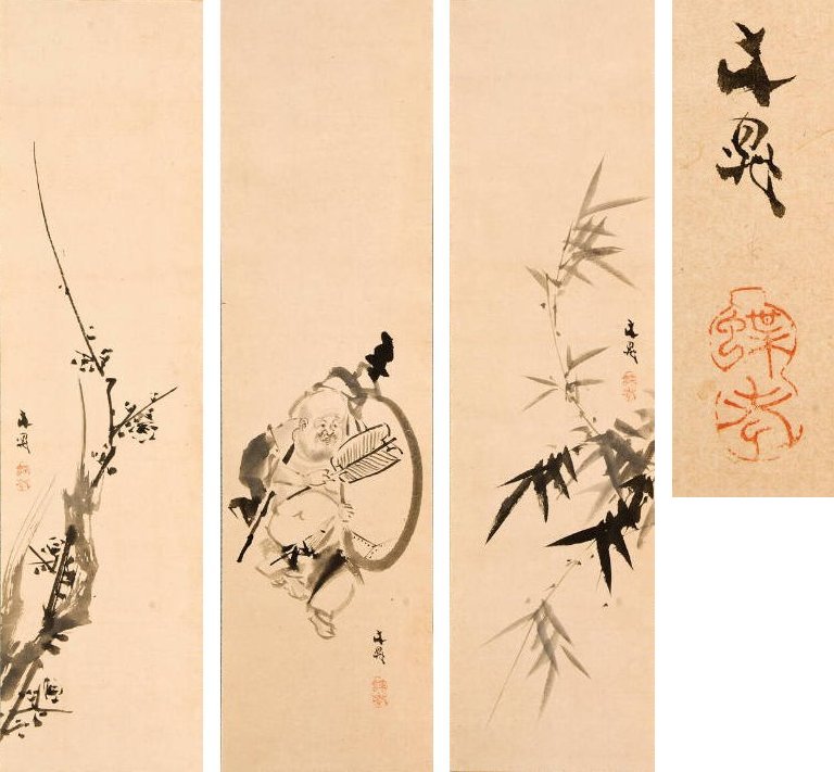 Bamboo, Hotei, and Plum — sumi ink on washi
